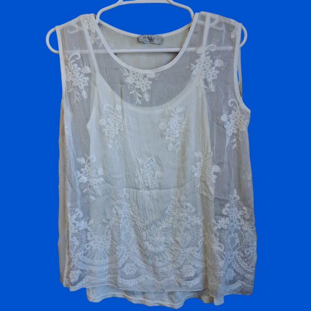 Angela Moda White Silk Blend Sleeveless Top Embroidered Lined Small Boho EUC